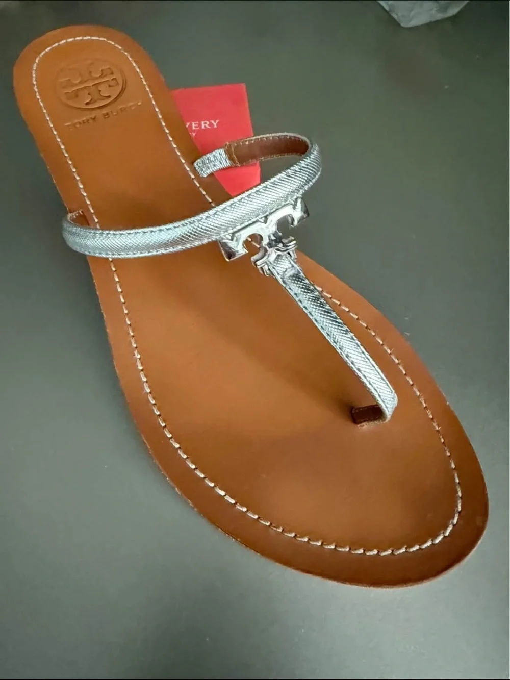 Tory Burch Metallic Silver Miller T-Strap Sandals with Tan Footbed